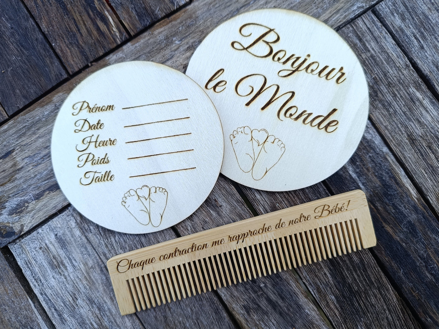 Lot de Peigne d'accouchement sans douleur gravé avec mantra sans péridurale et deux cartes d'étapes de bébé naissance et poids taille prénom