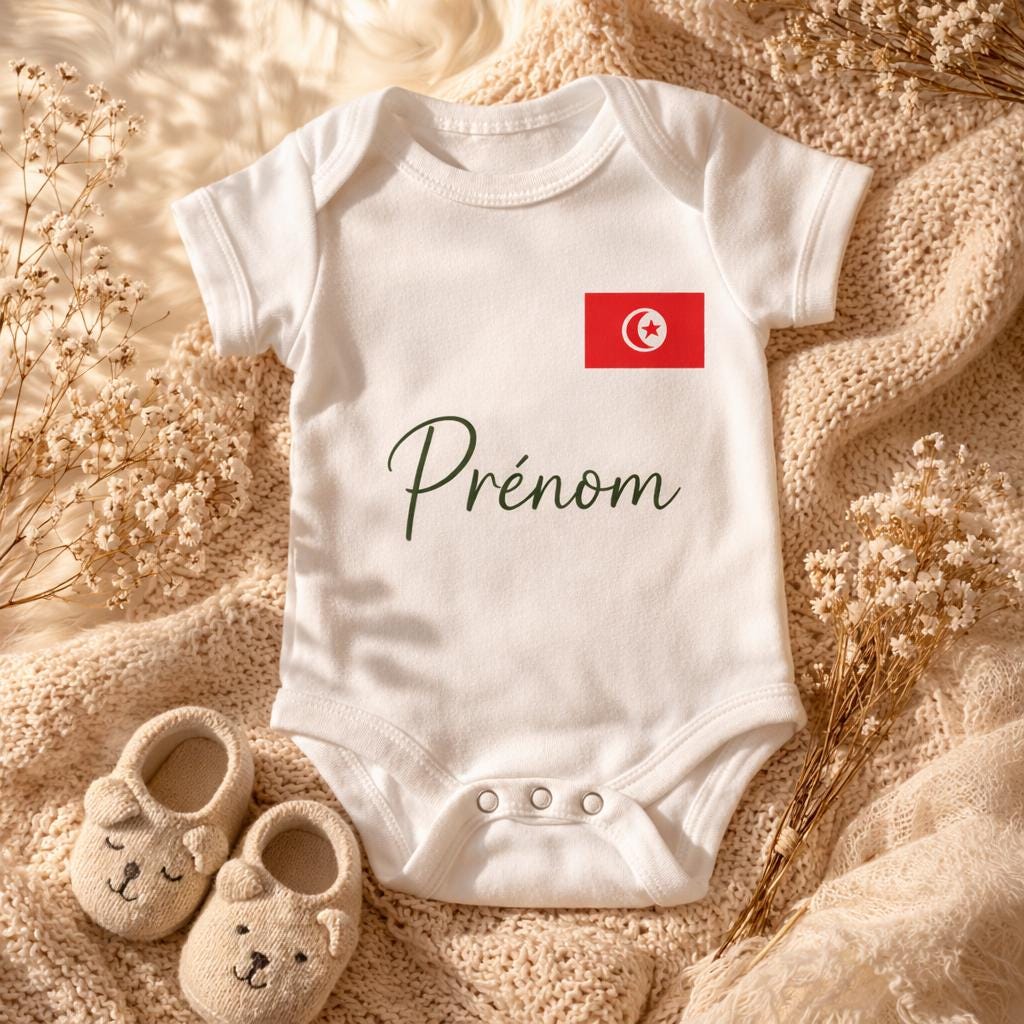 Body bébé personnalisé prénom avec drapeau | Body naissance personnalisé | Cadeau bébé original | Tunisie Algérie Maroc Espagne Portugal