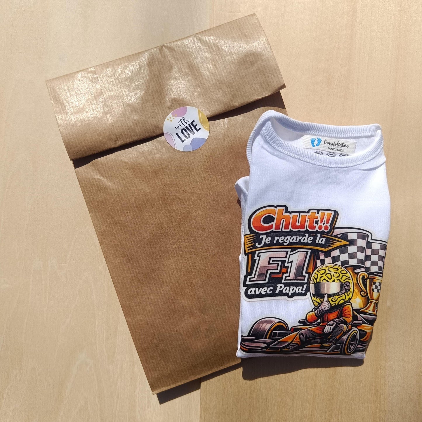 Body bébé F1 – Chut! je regarde la F1 avec Papa! Lando Norris / McLaren / Red Bull – Body humour bébé – Cadeau naissance original –