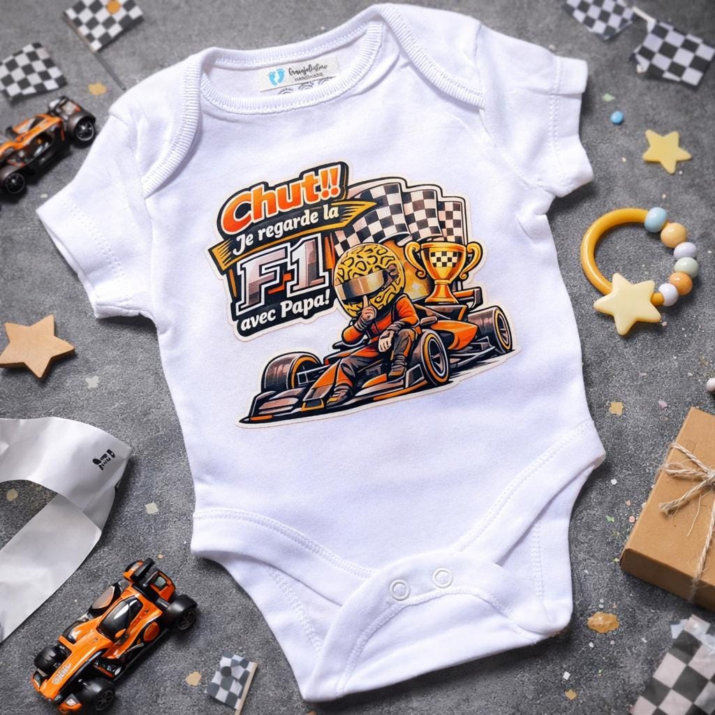 Body bébé F1 – Chut! je regarde la F1 avec Papa! Lando Norris / McLaren / Red Bull – Body humour bébé – Cadeau naissance original –