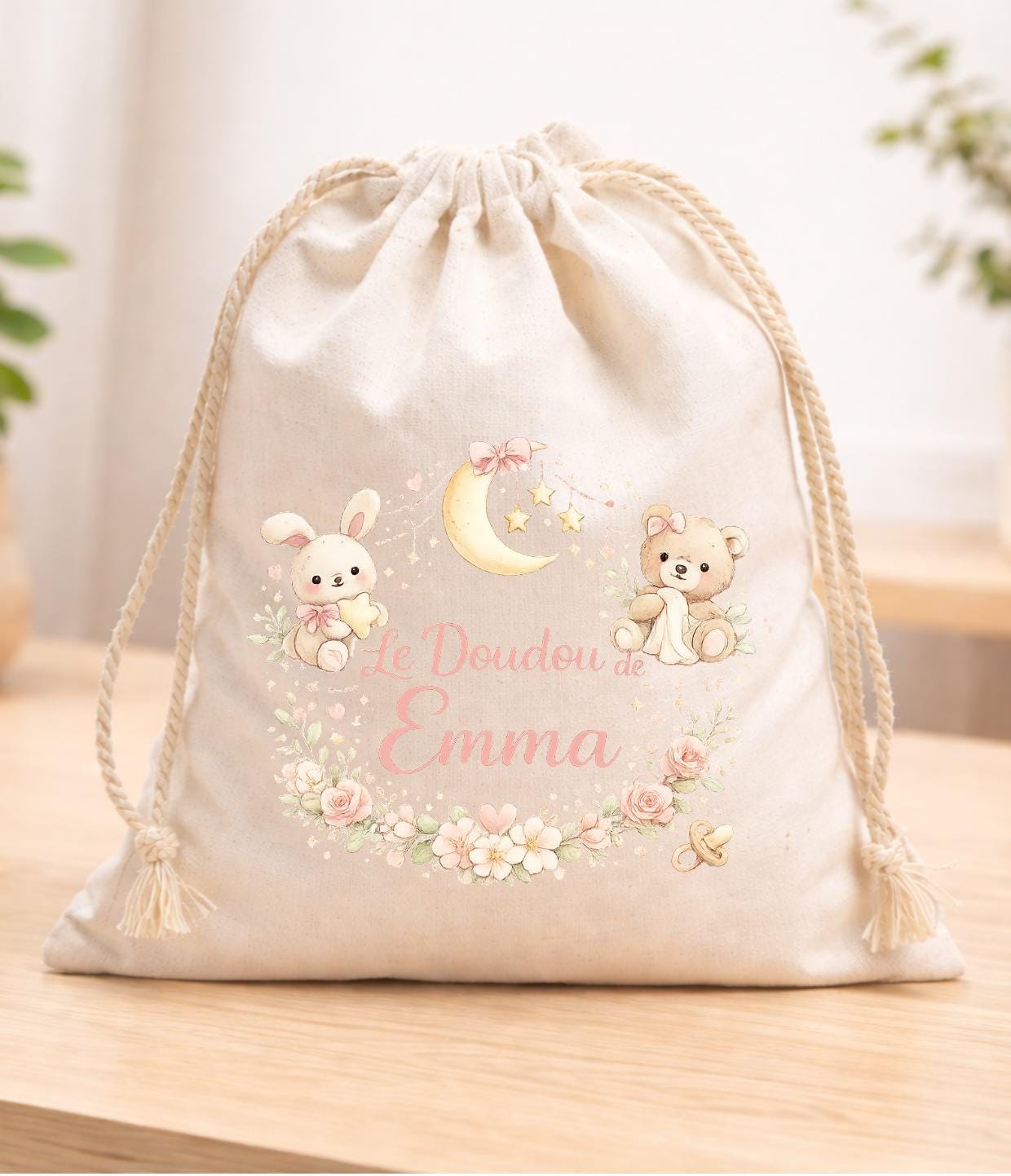 Sac pochon à cordon en tissu, sac à doudou, coton, personnalisé avec votre prénom, imprimé en DTF, haute qualité, EVJF demoiselle d'honneur