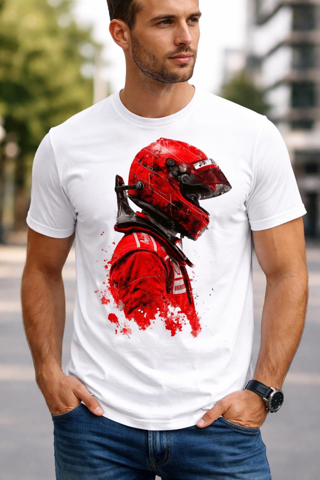 Tshirt Pilote de F1 Ferrari, pilote avec son casque. Tshirt homme, fan de Formule 1