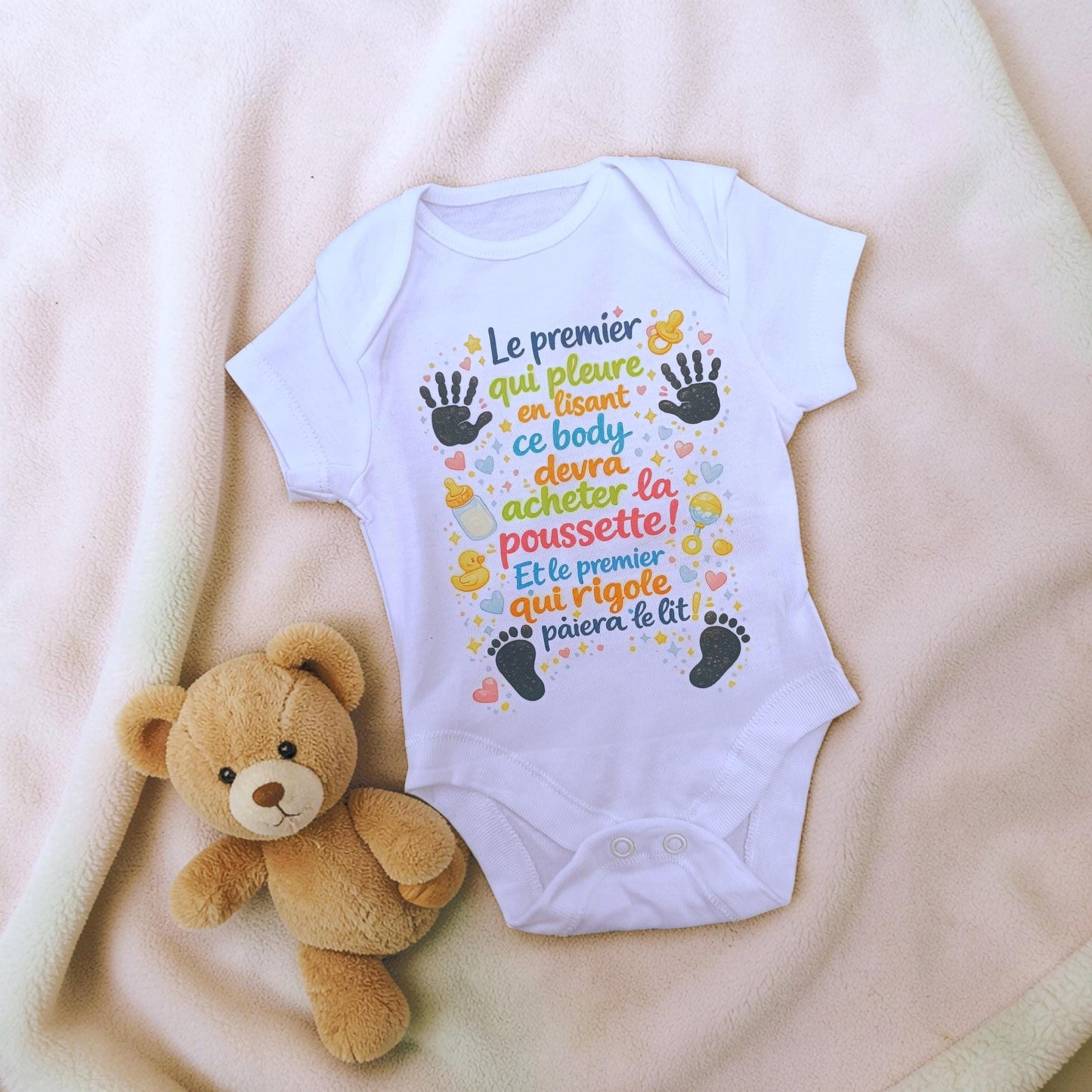 Body annonce grossesse humour – Le premier qui pleure paiera la poussette, cadeau à papi mamie tonton tata parrain marraine famille