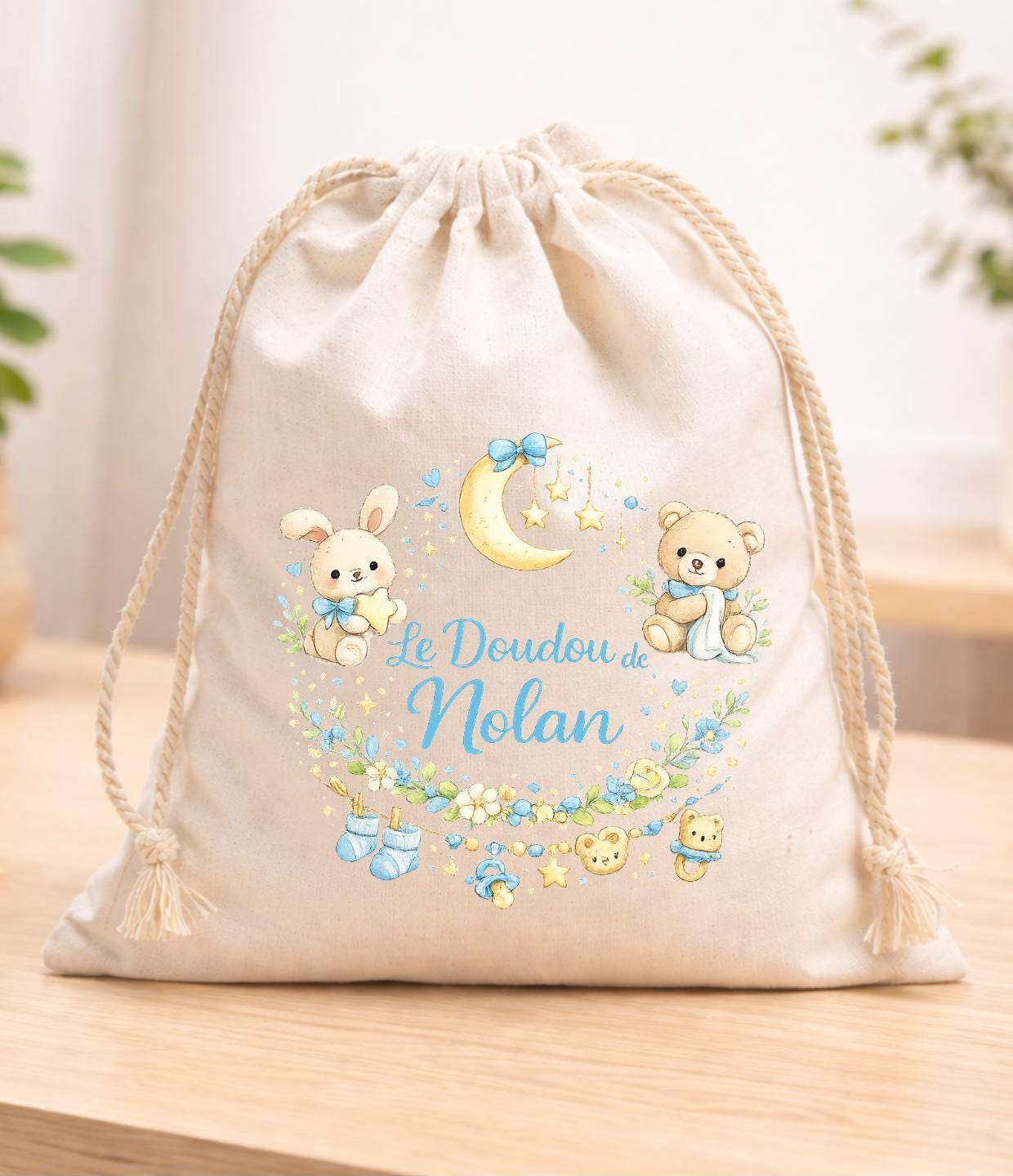 Sac pochon à cordon en tissu, sac à doudou, coton, personnalisé avec votre prénom, imprimé en DTF, haute qualité, EVJF demoiselle d'honneur