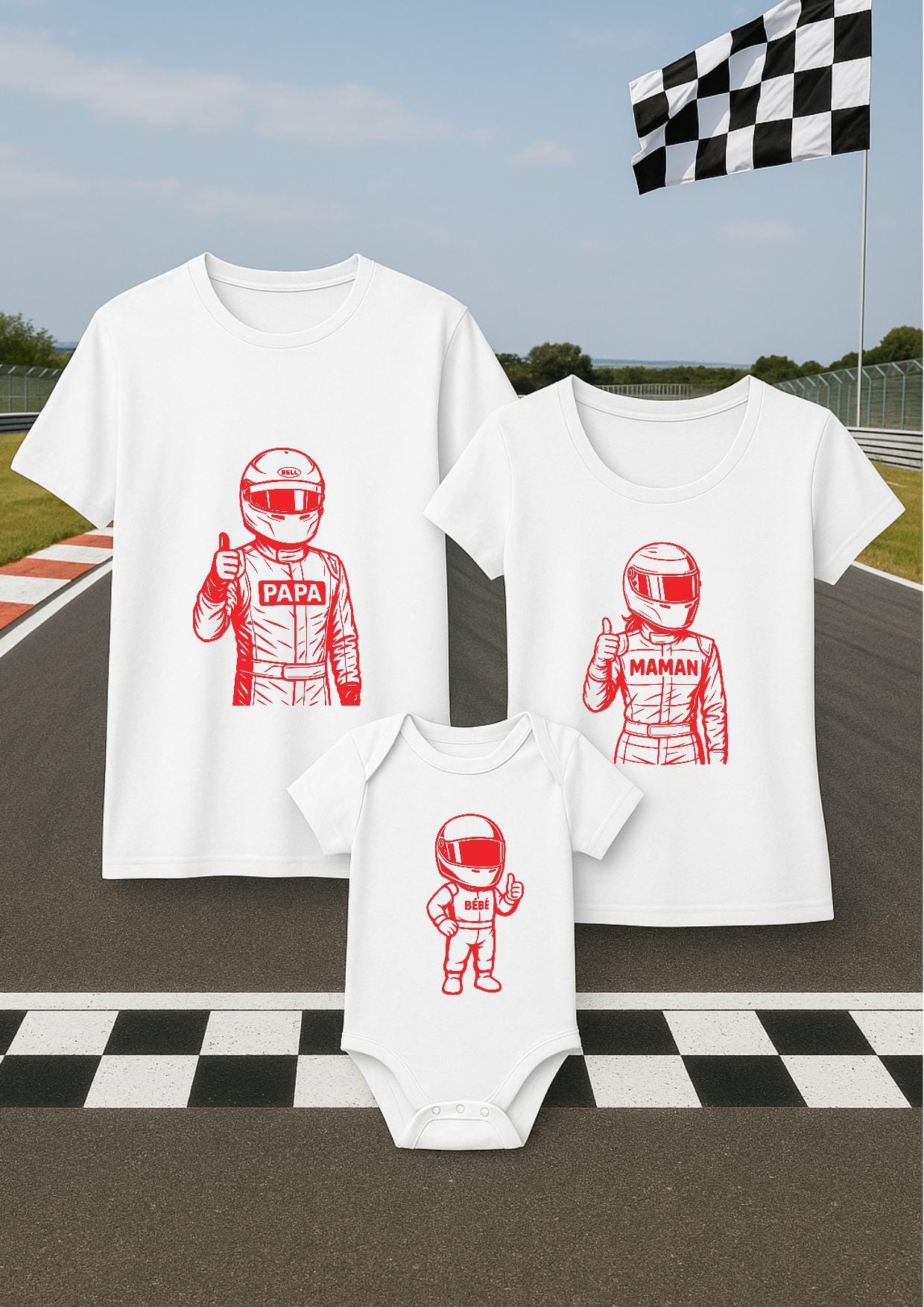 Tshirt adulte homme et femme et body bébé assorti, lot tshirt et body Formule 1, F1, pilote 1, 2, 3, casque de f1, F1 helmet, Ferrari