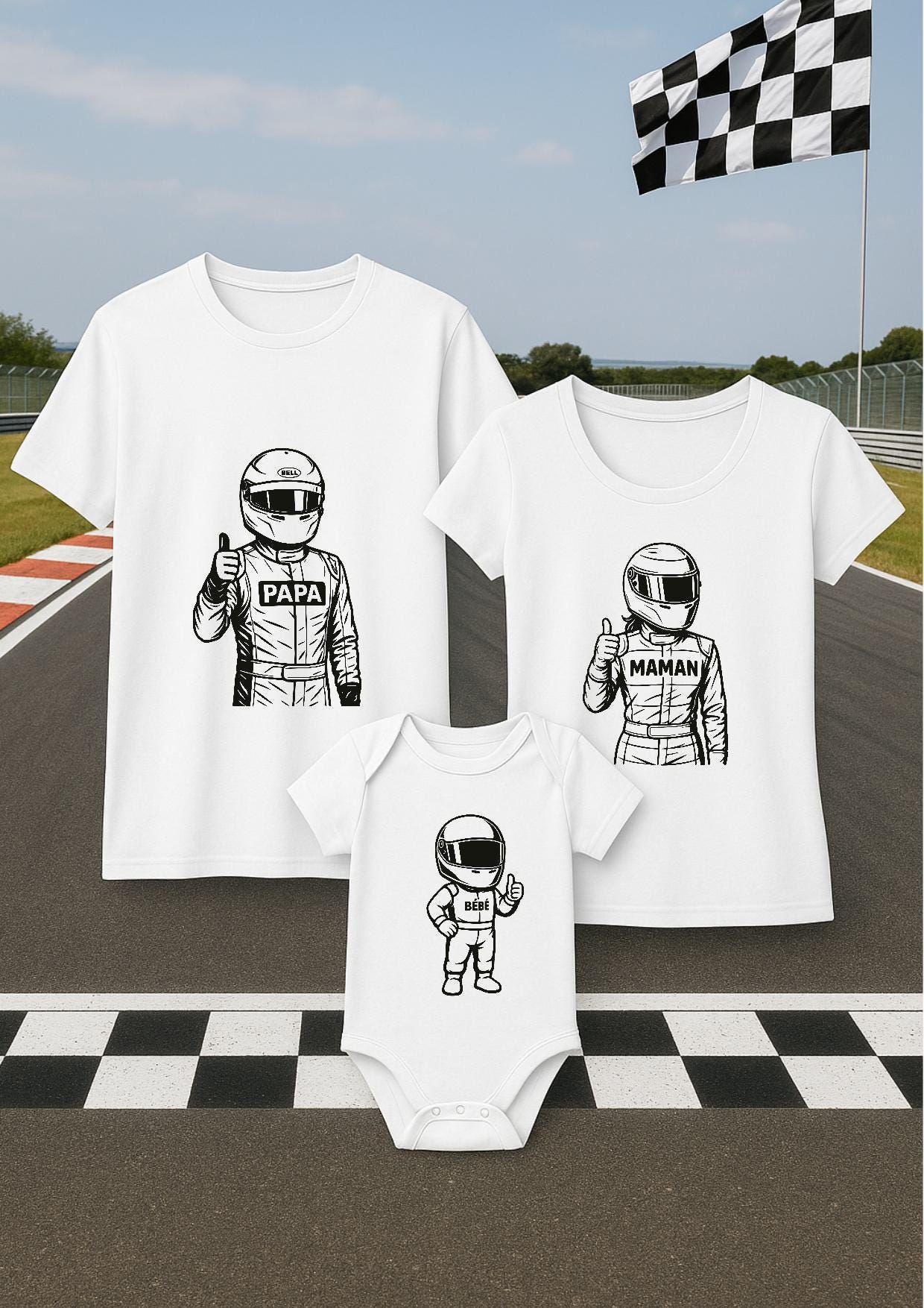 Tshirt adulte homme et femme et body bébé assorti, lot tshirt et body Formule 1, F1, pilote 1, 2, 3, casque de f1, F1 helmet, Ferrari