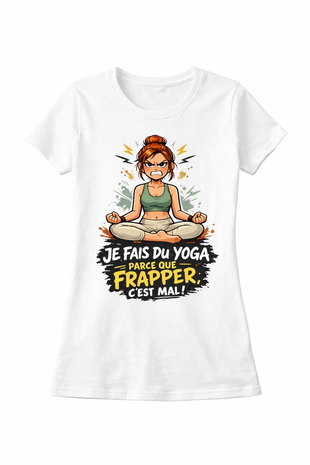 T-shirt humour yoga femme | Je fais du yoga, car frapper c'est mal | Cadeau drôle | Tee-shirt humour français