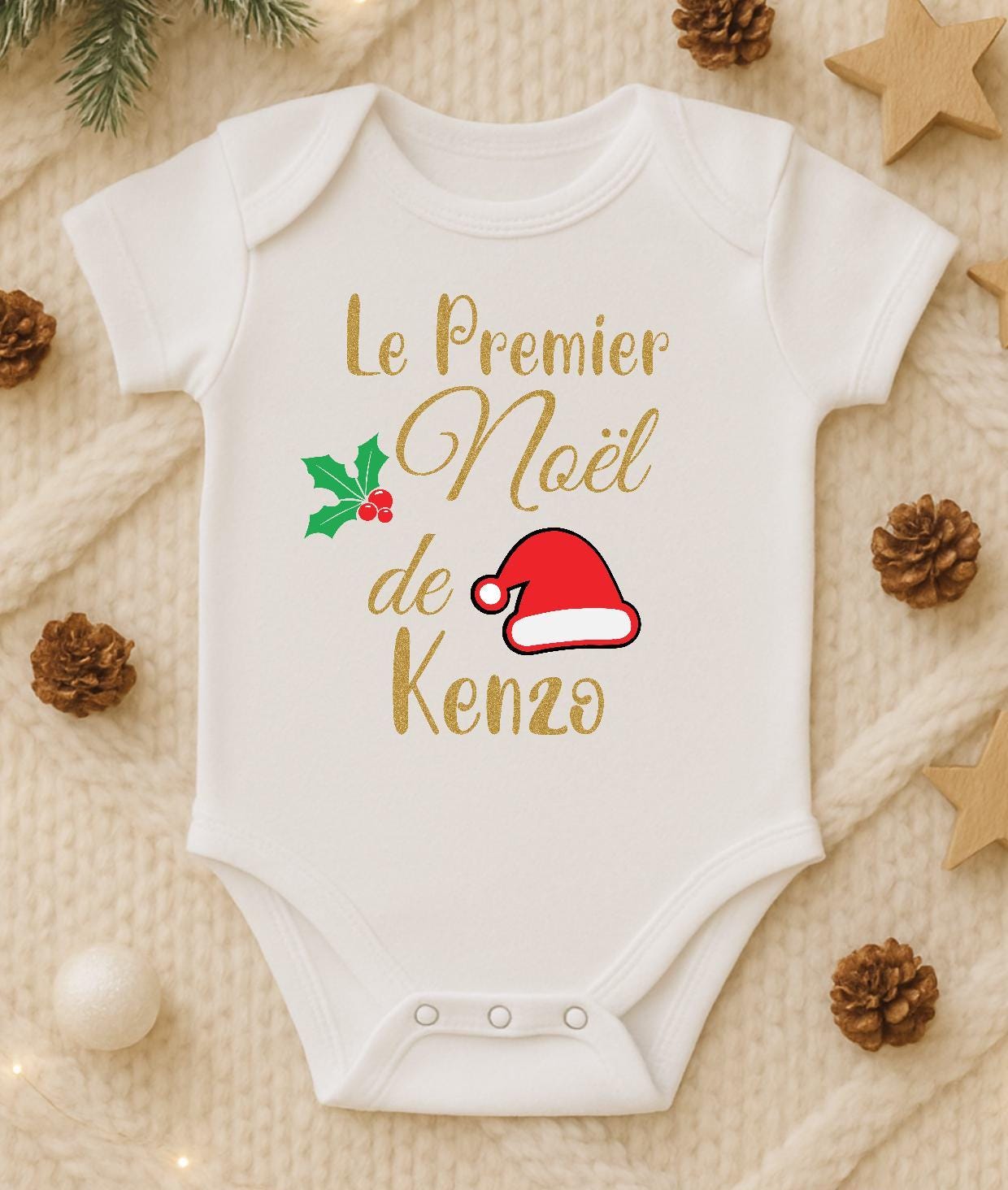 Body bébé personnalisé "Le premier Noël de Prénom" – avec prénom personnalisé premier noël de bébé, Cadeau naissance tendre & mignon