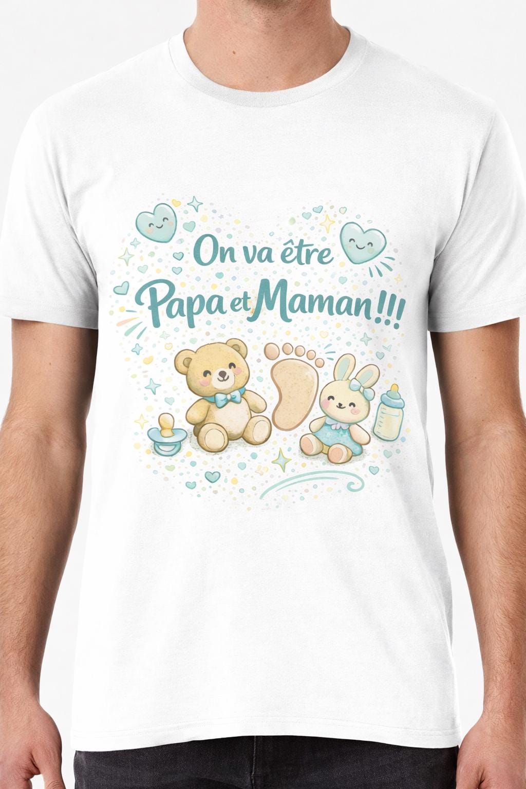 T-shirt annonce de grossesse. On va être papa et maman, couple futurs parents, annonce à la famille. unisexe