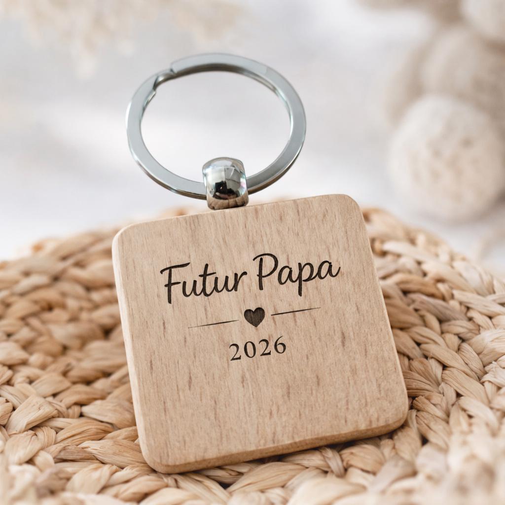 Porte clé en bois gravé, annonce grossesse, futur papa, baby shower, demande parrain,bientôt mamie papi, enceinte annonce à la famille