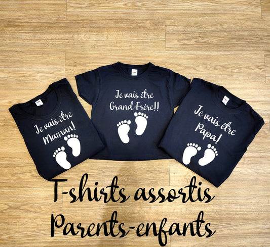 Vêtements assortis famille , tshirts adultes et enfants, Je vais être Papa, papi, grand frère, grande soeur. annonce de grossesse