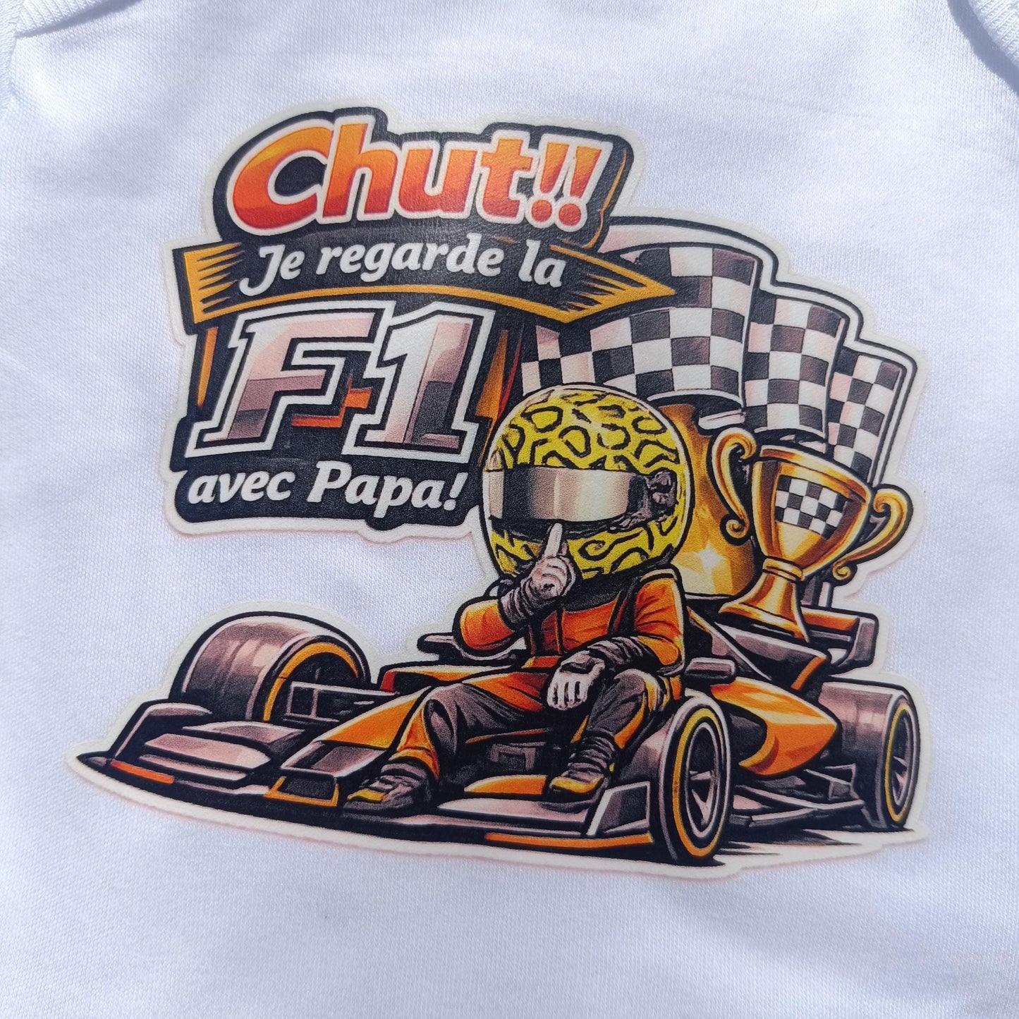 Body bébé F1 – Chut! je regarde la F1 avec Papa! Lando Norris / McLaren / Red Bull – Body humour bébé – Cadeau naissance original –