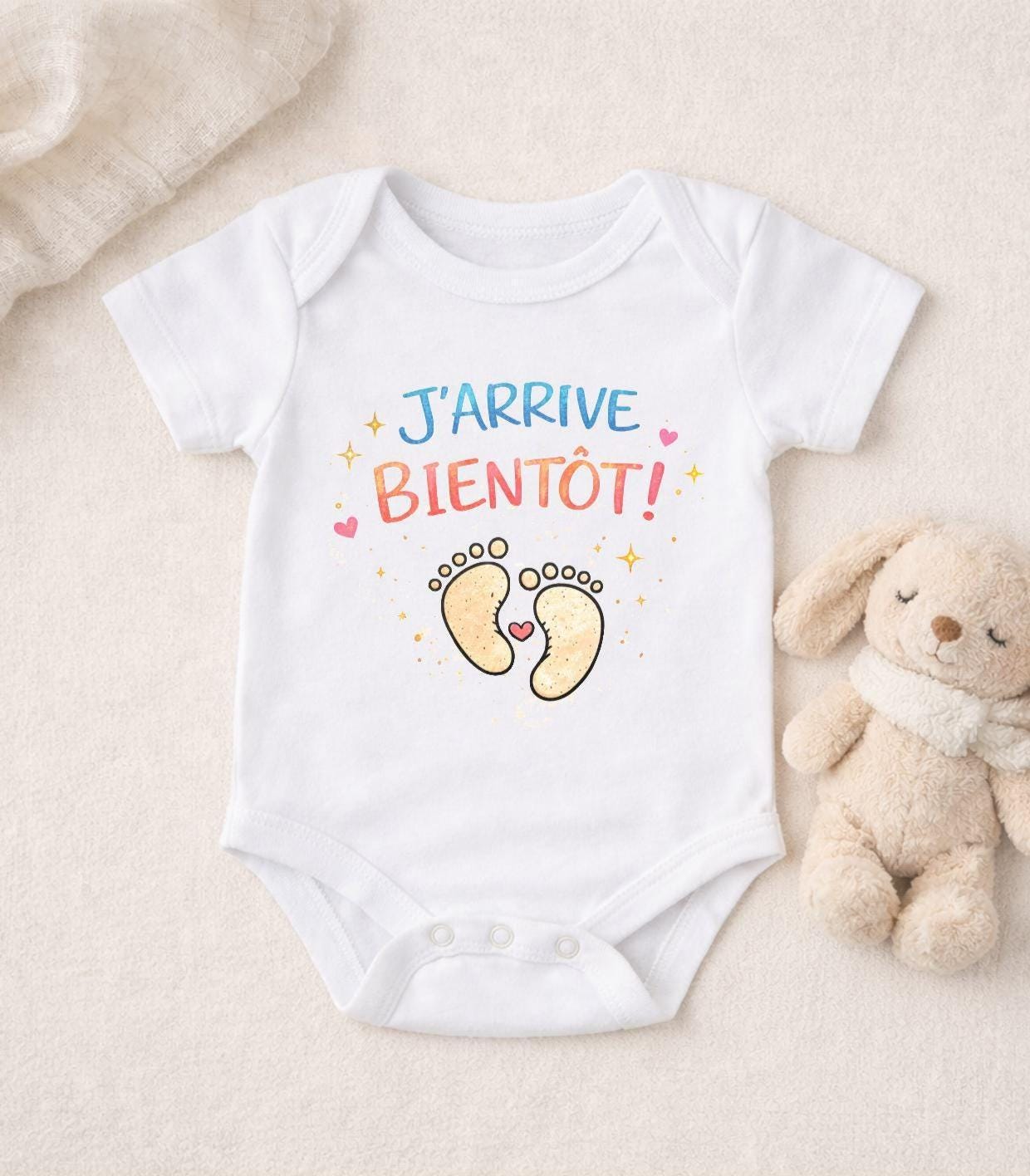 Body bébé annonce grossesse « J’arrive bientôt ! » – Body naissance mixte – Cadeau future maman, futur papa