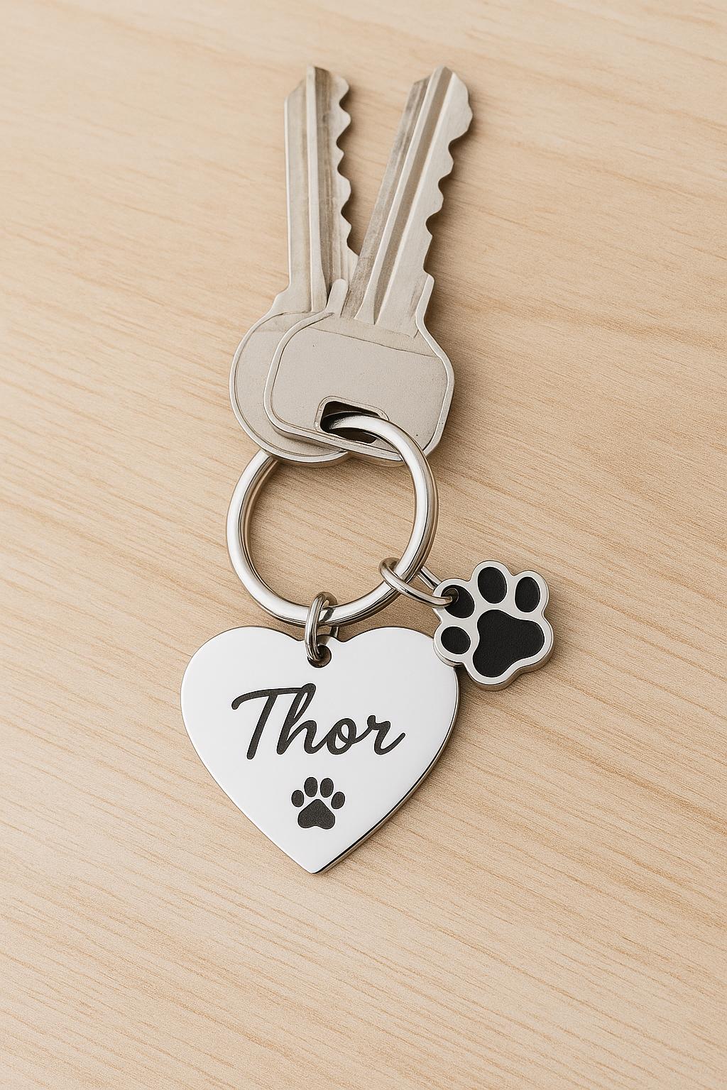 Porte-clé inox gravé forme de coeur– Nom de l’animal + breloque patte de chien/chat – Cadeau personnalisé & souvenir affectueux