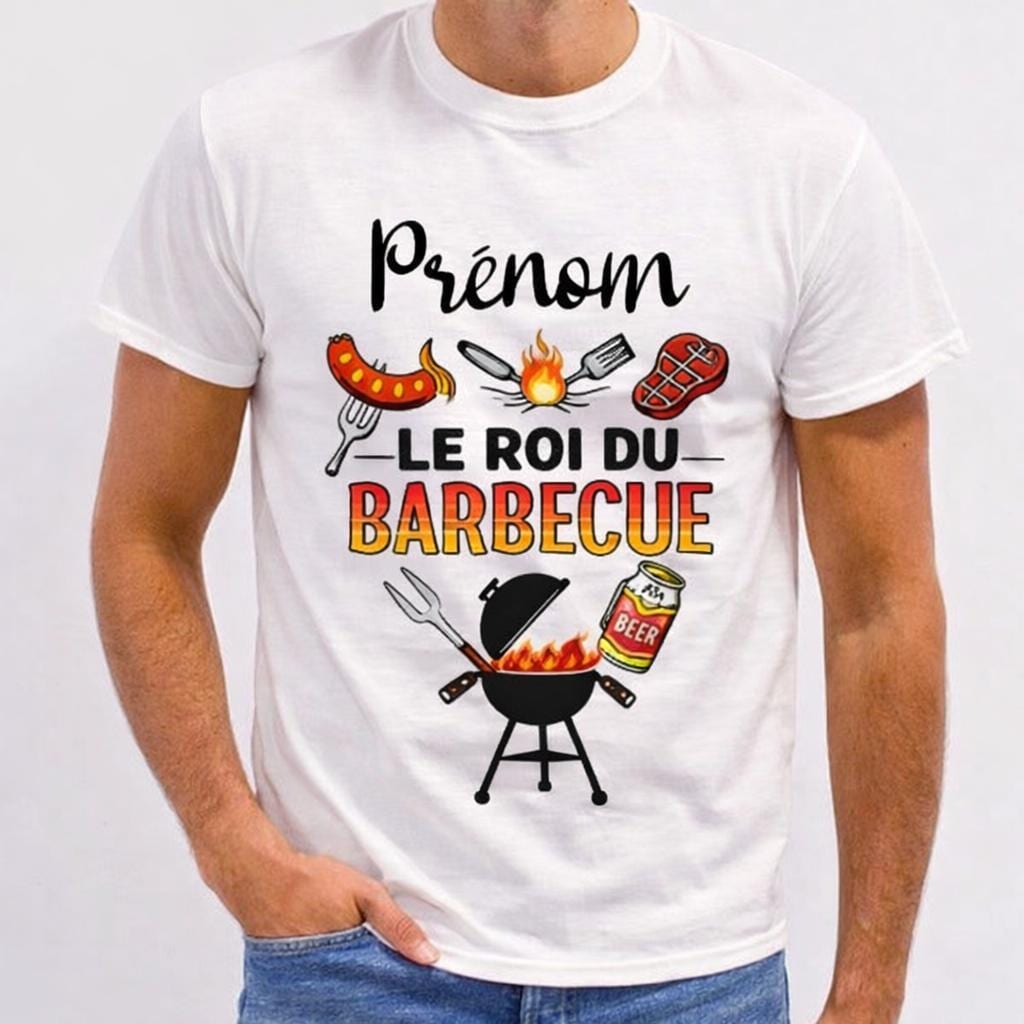 T-shirt personnalisé barbecue homme – Prénom Le Roi du Barbecue – Cadeau papa, fête des pères, grill master, humour bbq
