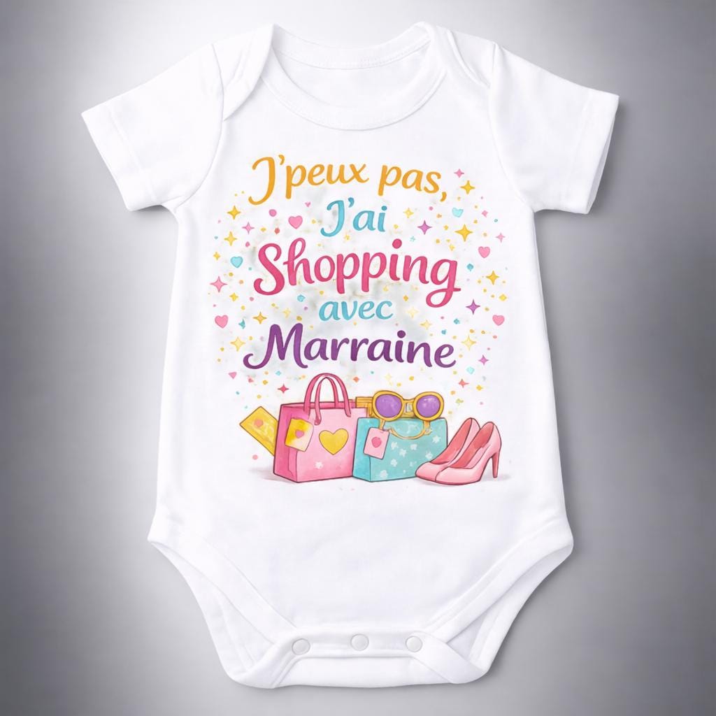 Body bébé humour – J’peux pas j’ai shopping avec Tata – DTF couleur – Cadeau naissance original – Baby shower – Gravé/Imprimé en France