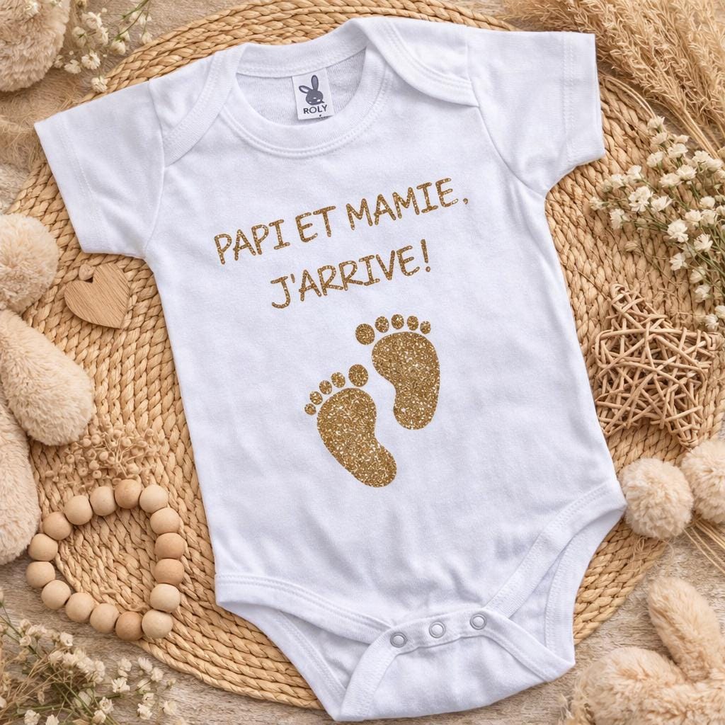 Body bébé annonce grossesse Papy Mamie – J’arrive ! – Cadeau futur grands-parents