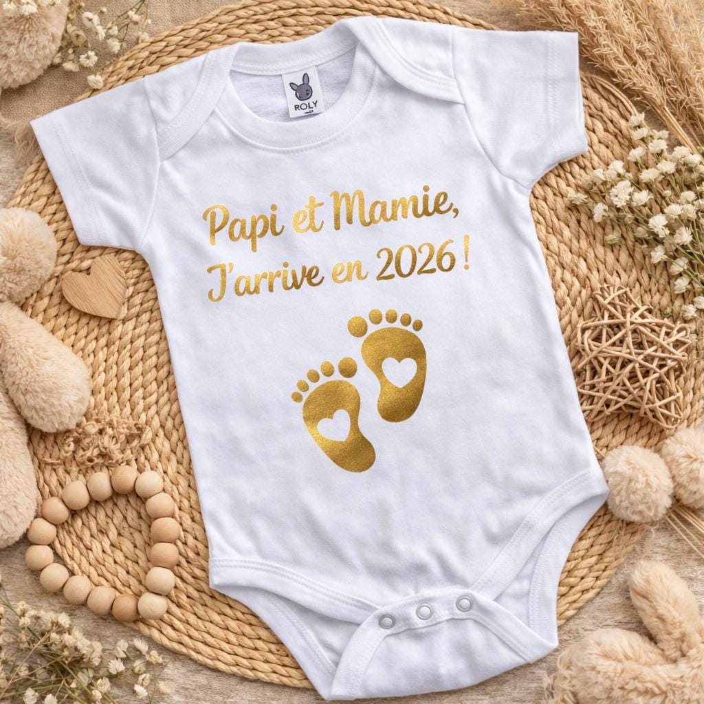 Body bébé annonce grossesse 2026 – Papi Mamie j’arrive – Body personnalisé naissance