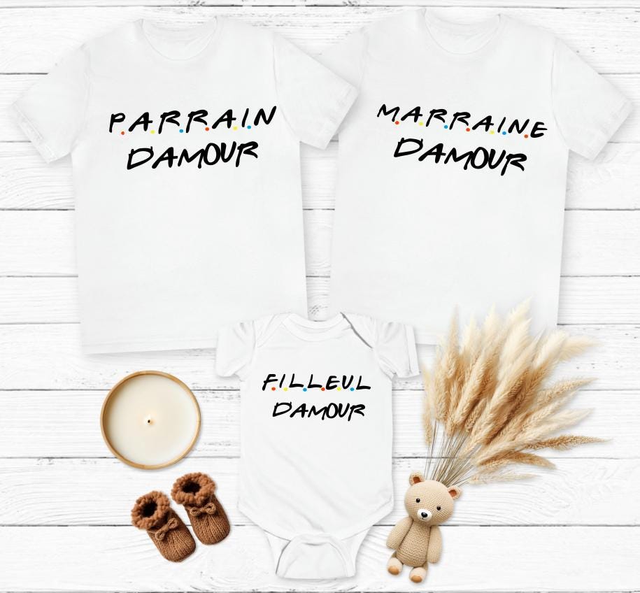 Tshirt assortis homme femme ou body bébé Papa Maman Friends, marraine, filleule, filleul, t-shirt vêtements assortis, annonce de grossesse