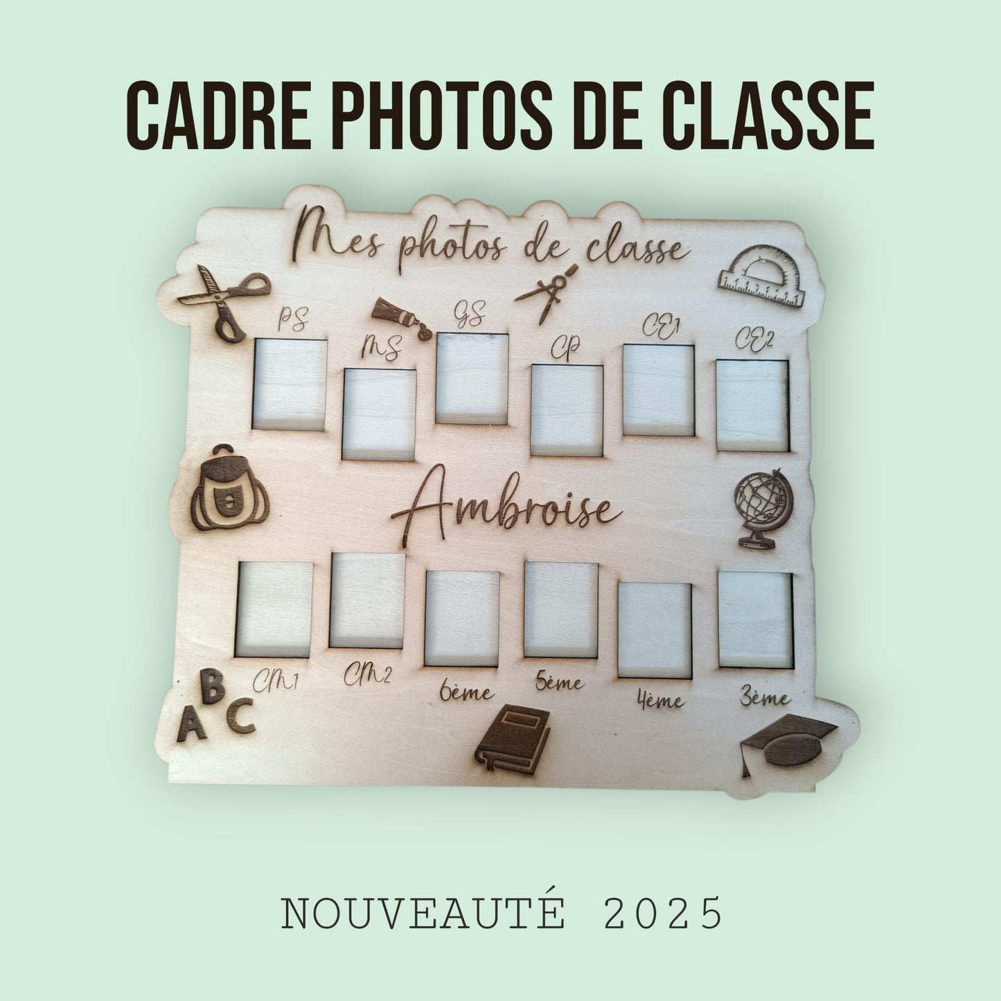 Cadre photo en bois personnalisé, photos de classe, planche 29 × 34 cm • emplacements 35×45 mm, prénom gravé, maternelle/élémentaire collège