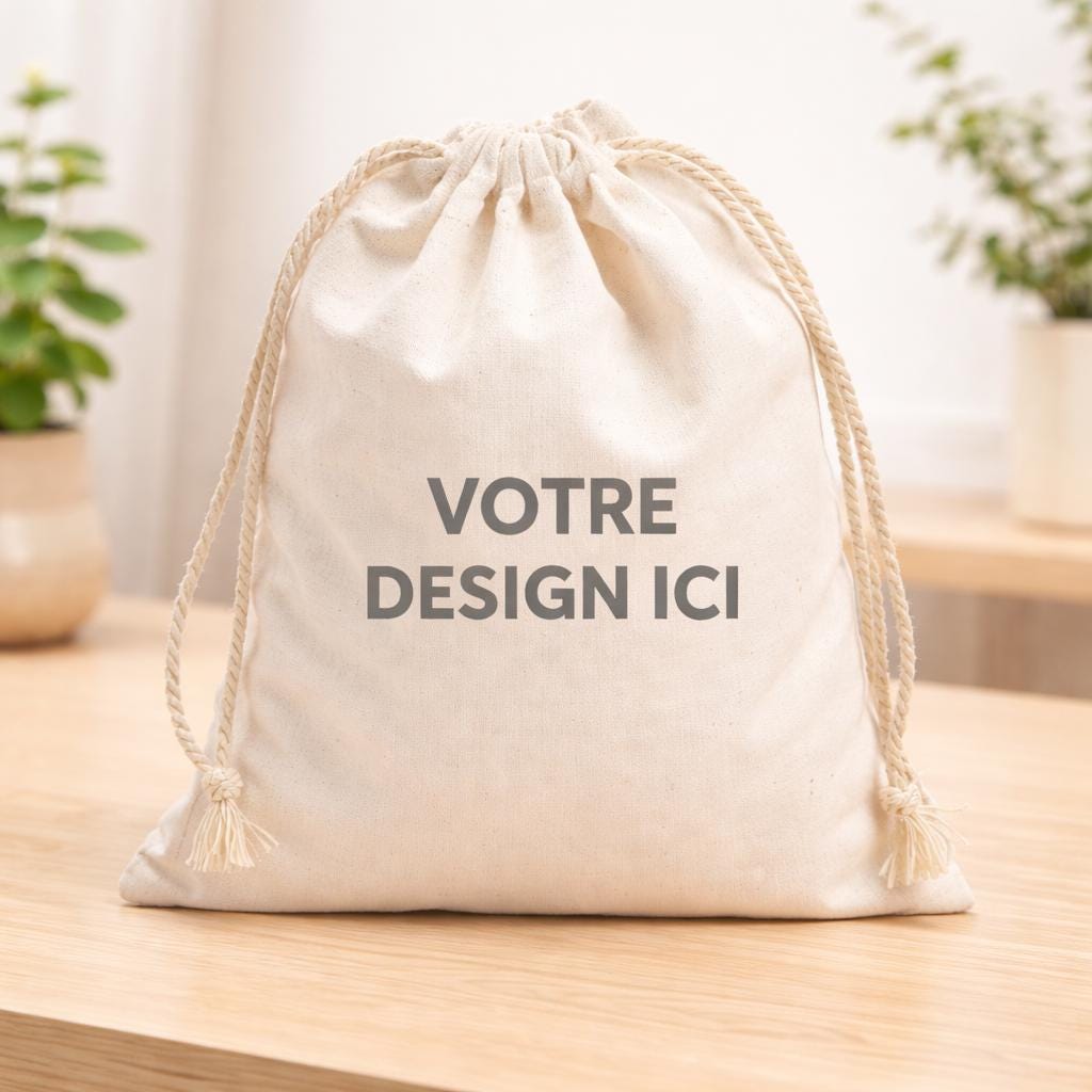Sac pochon à cordon en tissu, coton, personnalisé avec VOTRE DESIGN, imprimé en DTF, haute qualité, texte au choix, dessin au choix