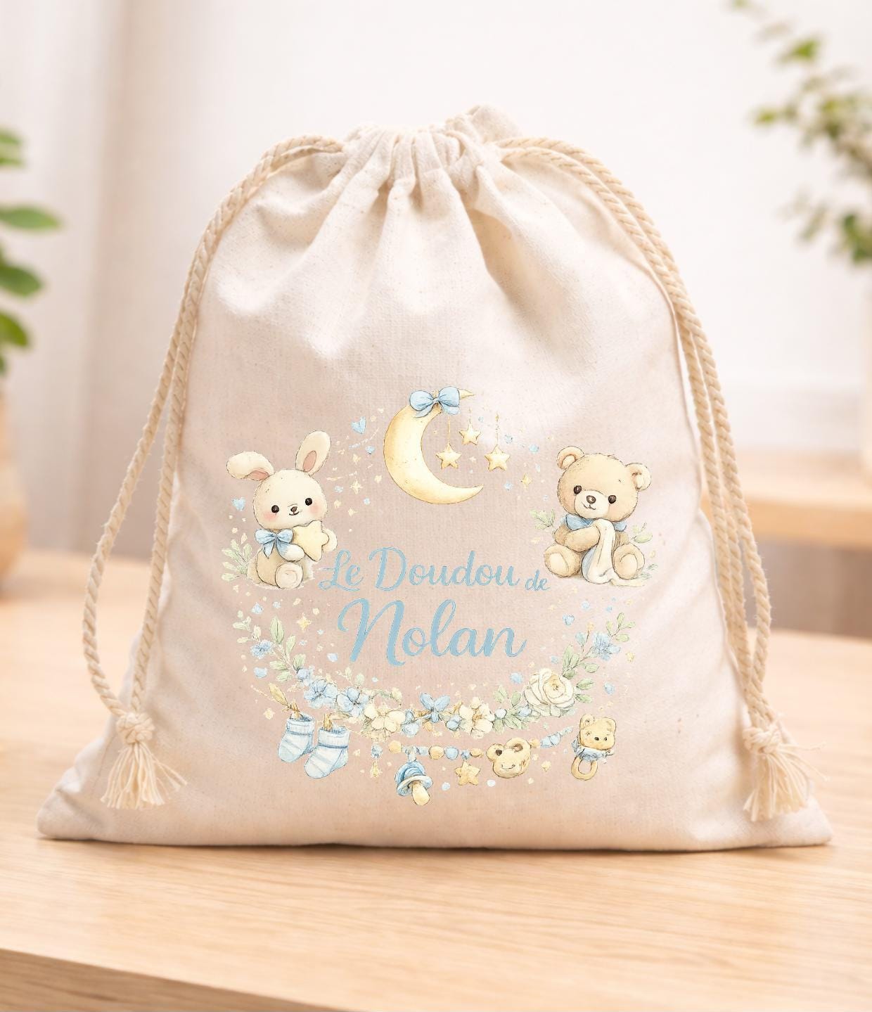 Sac pochon à cordon en tissu, sac à doudou, coton, personnalisé avec votre prénom, imprimé en DTF, haute qualité, EVJF demoiselle d'honneur