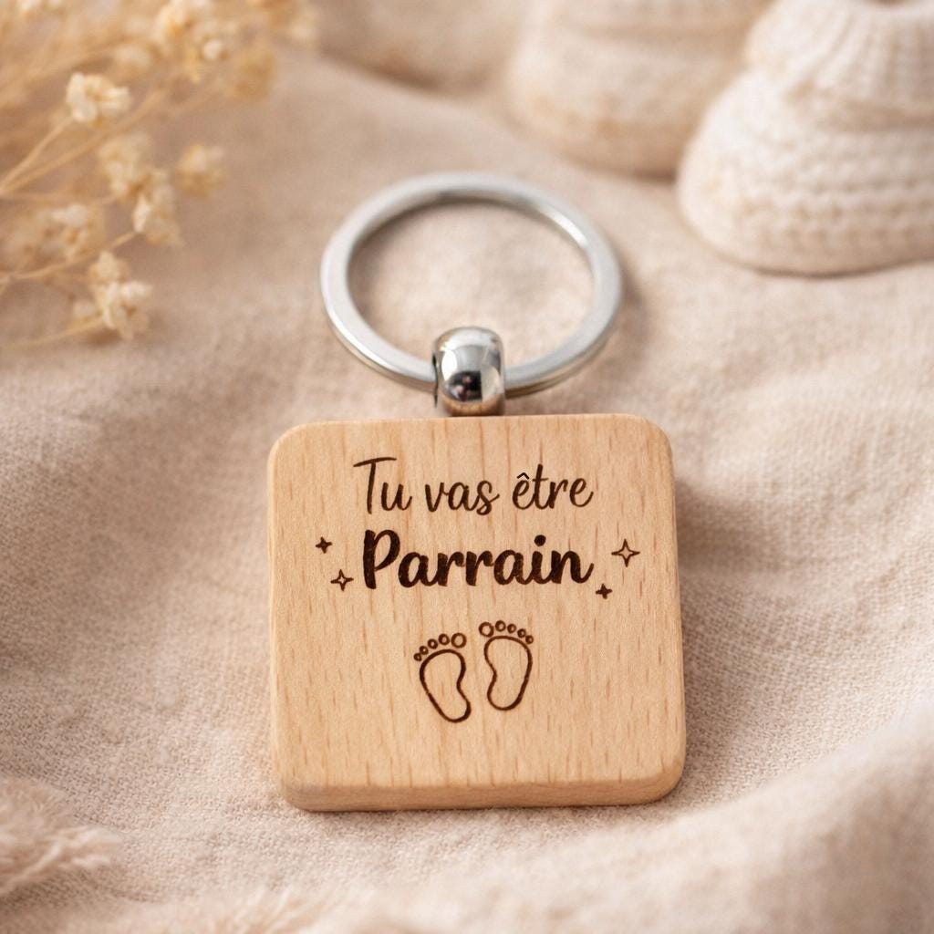 Porte clé en bois gravé, annonce grossesse, futur parrain, baby shower, demande parrain,bientôt mamie papi, enceinte annonce à la famille
