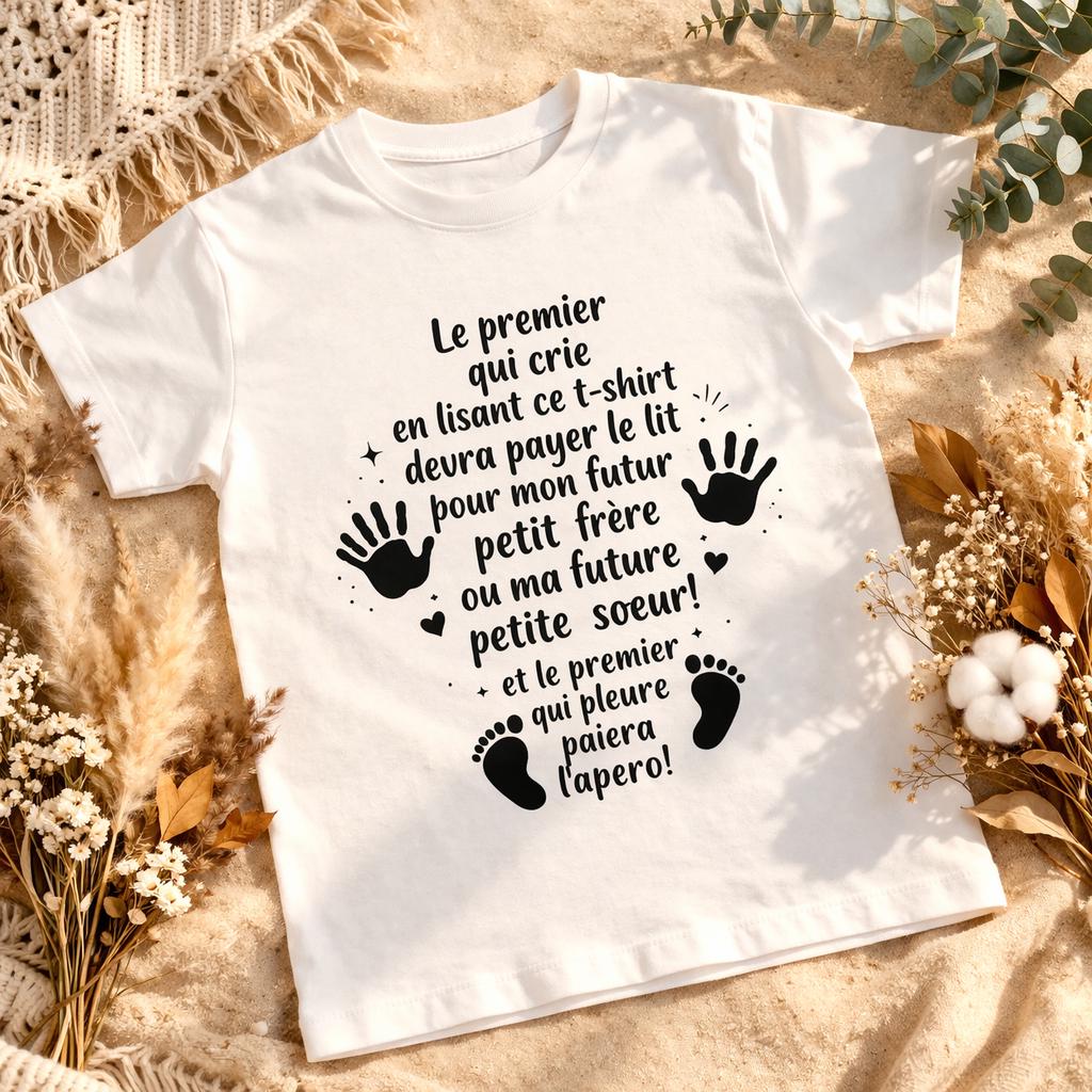 T-shirt enfant annonce de grossesse – Humour – “Le premier qui crie / pleure paie…”