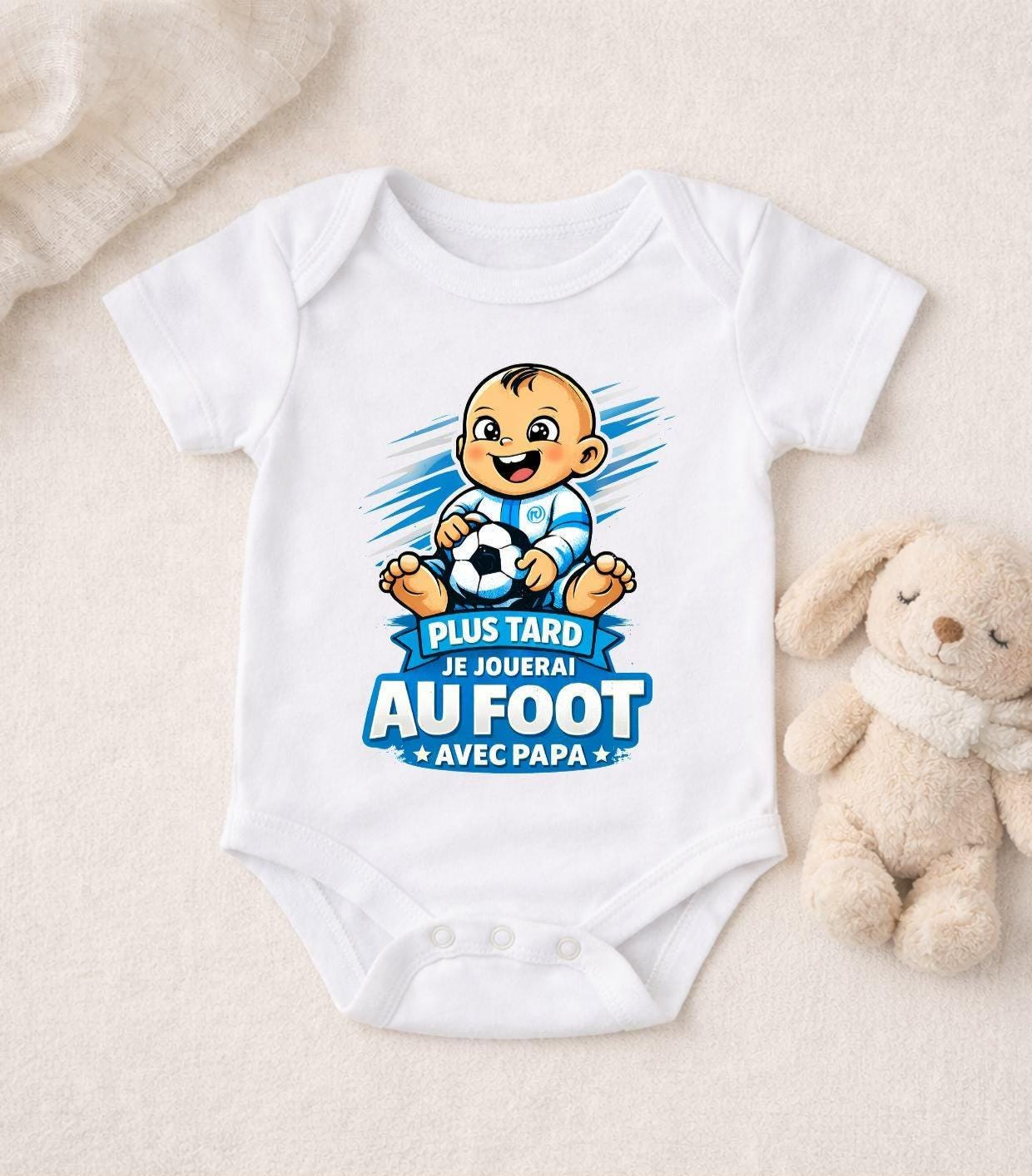 Body bébé, plus tard je jouerai au foot comme avec papa, futur footballeur, annonce de grossesse football, idée cadeau, om marseille
