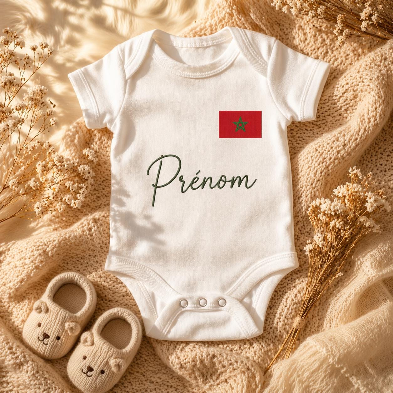 Body bébé personnalisé prénom avec drapeau | Body naissance personnalisé | Cadeau bébé original | Tunisie Algérie Maroc Espagne Portugal