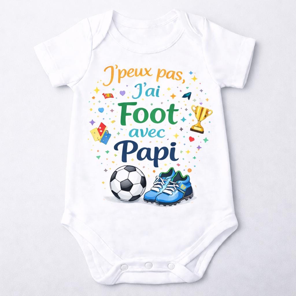 Body bébé humour – J’peux pas j’ai foot avec Papa / Papi / Tonton – DTF couleur – Cadeau naissance original – Baby shower – Football