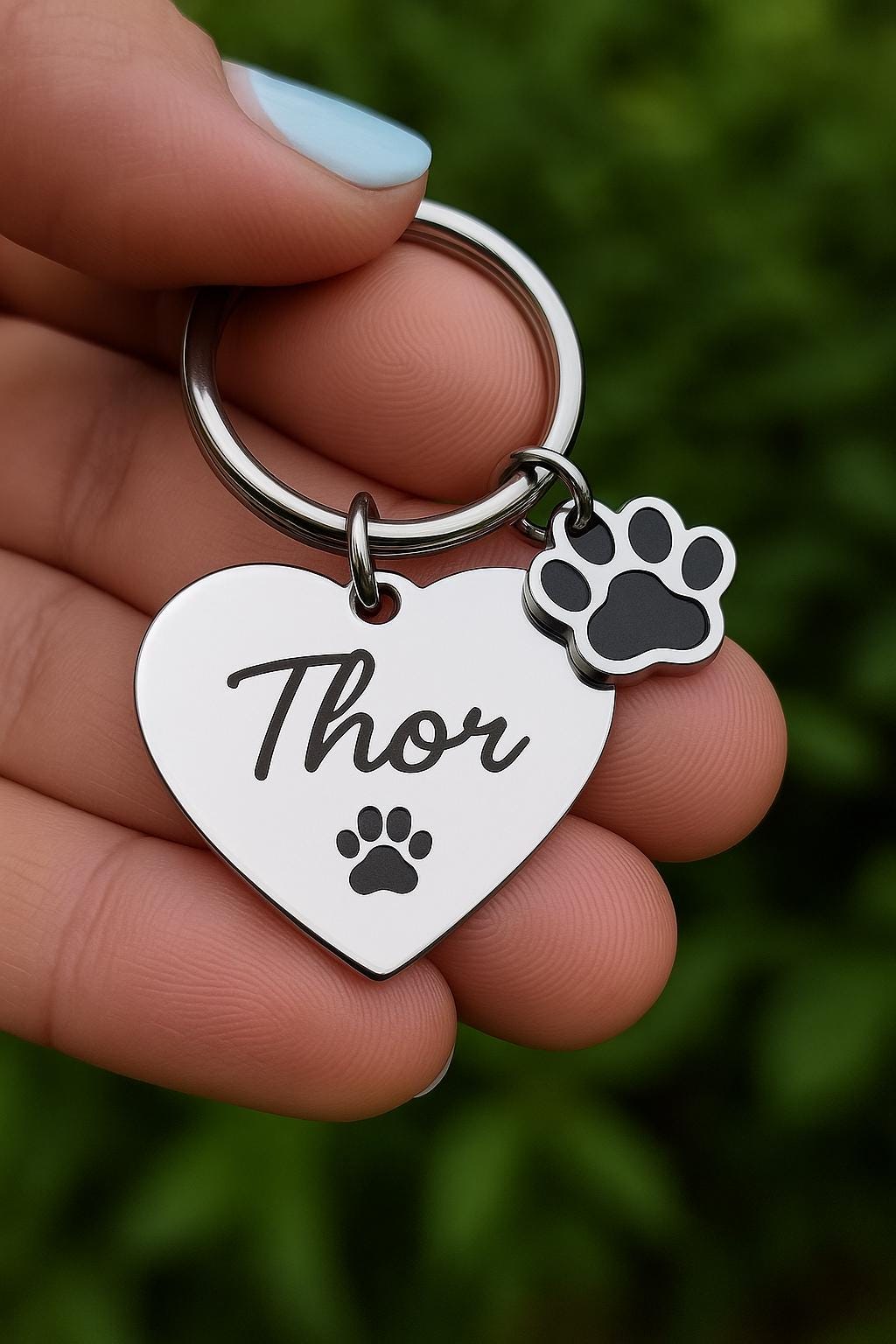 Porte-clé inox gravé forme de coeur– Nom de l’animal + breloque patte de chien/chat – Cadeau personnalisé & souvenir affectueux