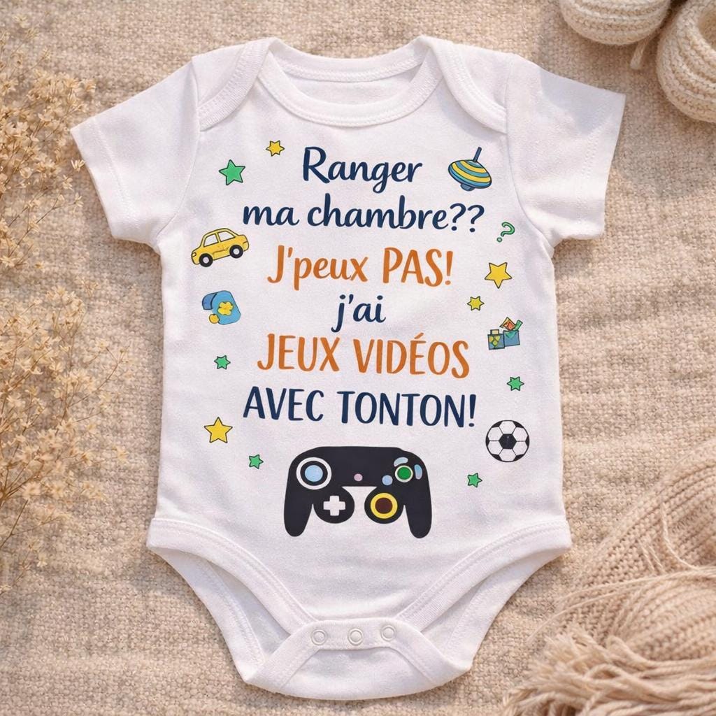 Body bébé cadeau de naissance, je peux pas, j'ai jeux vidéos avec Tonton