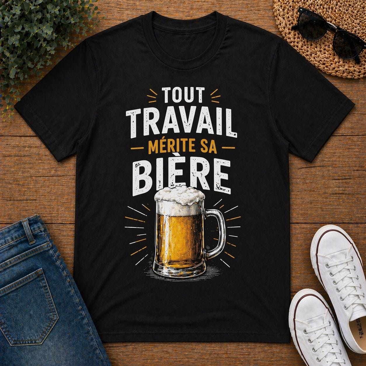 T-shirt humour apéro – Tout travail mérite sa bière – Tee shirt beauf drôle – Cadeau homme humour alcool - Carnaval Dunkerque - marrant