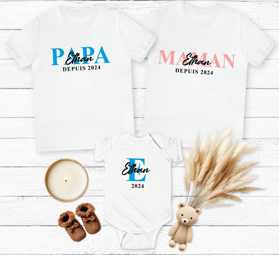 Tshirt assortis homme femme ou body bébé Papa Maman Friends, marraine, filleule, filleul, t-shirt vêtements assortis, texte au choix