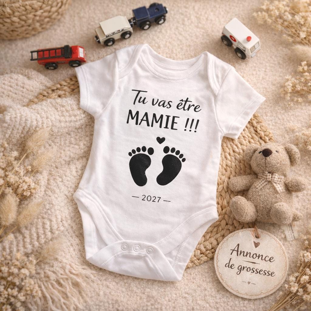 Body Bébé Annonce Grossesse Personnalisé avec pieds bébé - Cadeau Émouvant Futur Papi Maman