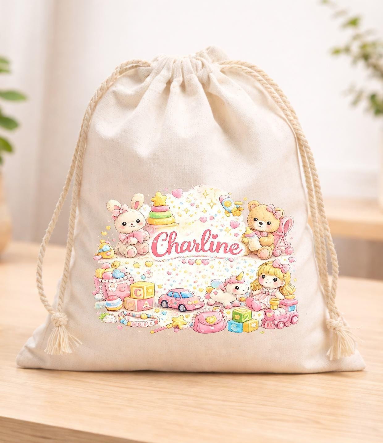 Sac pochon à cordon en tissu, coton, personnalisé avec votre prénom, imprimé en DTF, haute qualité, texte au choix, dessin au choix