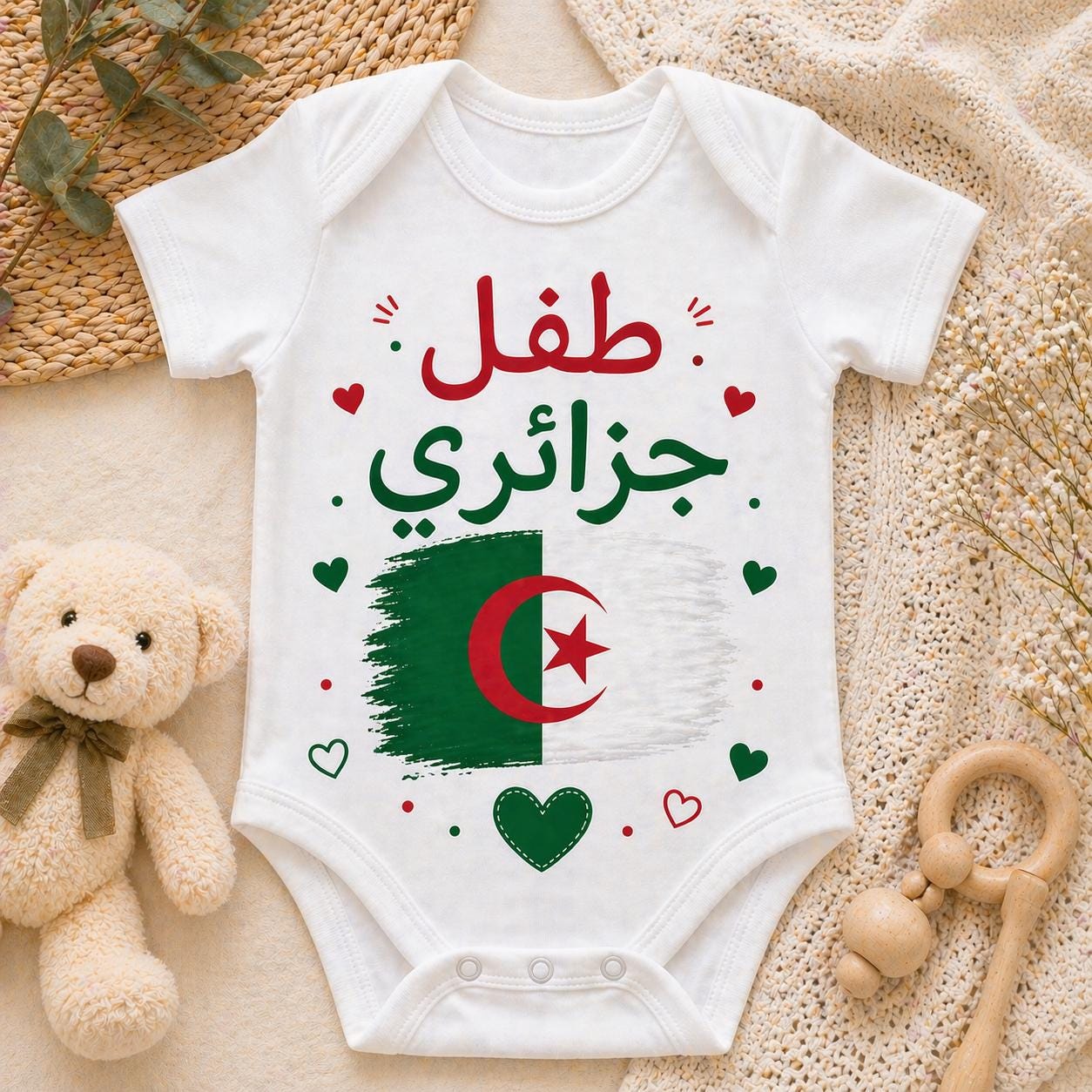 Body bébé personnalisé algérien avec drapeau | Body naissance personnalisé | Cadeau bébé original | Tunisie Algérie Maroc Espagne Portugal