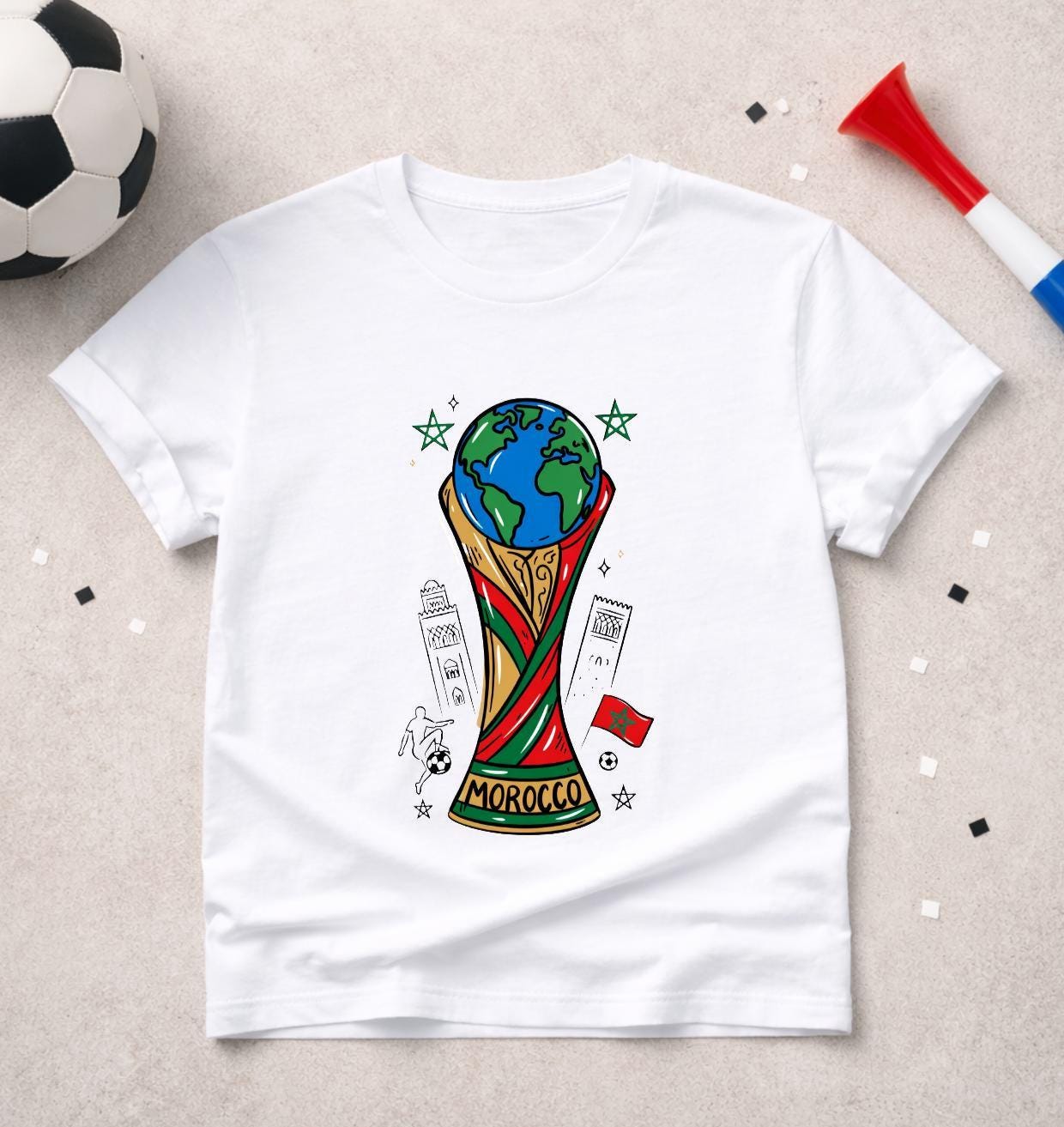 T-shirt adulte ou enfant ou body bébé Coupe du Monde 2026 foot Maroc
