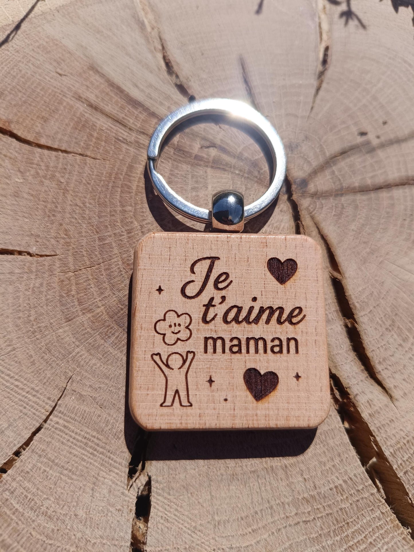 Porte clé en bois gravé, je t'aime maman, couple famille cadeau déclaration, fête des mères, cadeau anniversaire