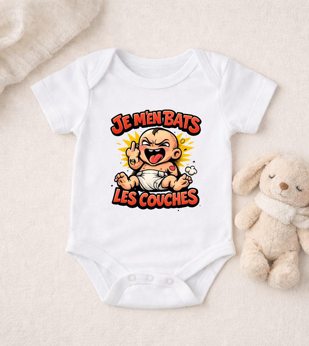 Body bébé, body personnalisé, annonce naissance, humour, je m'en bats les couches, cadeau naissance, cadeau bébé, body flocké