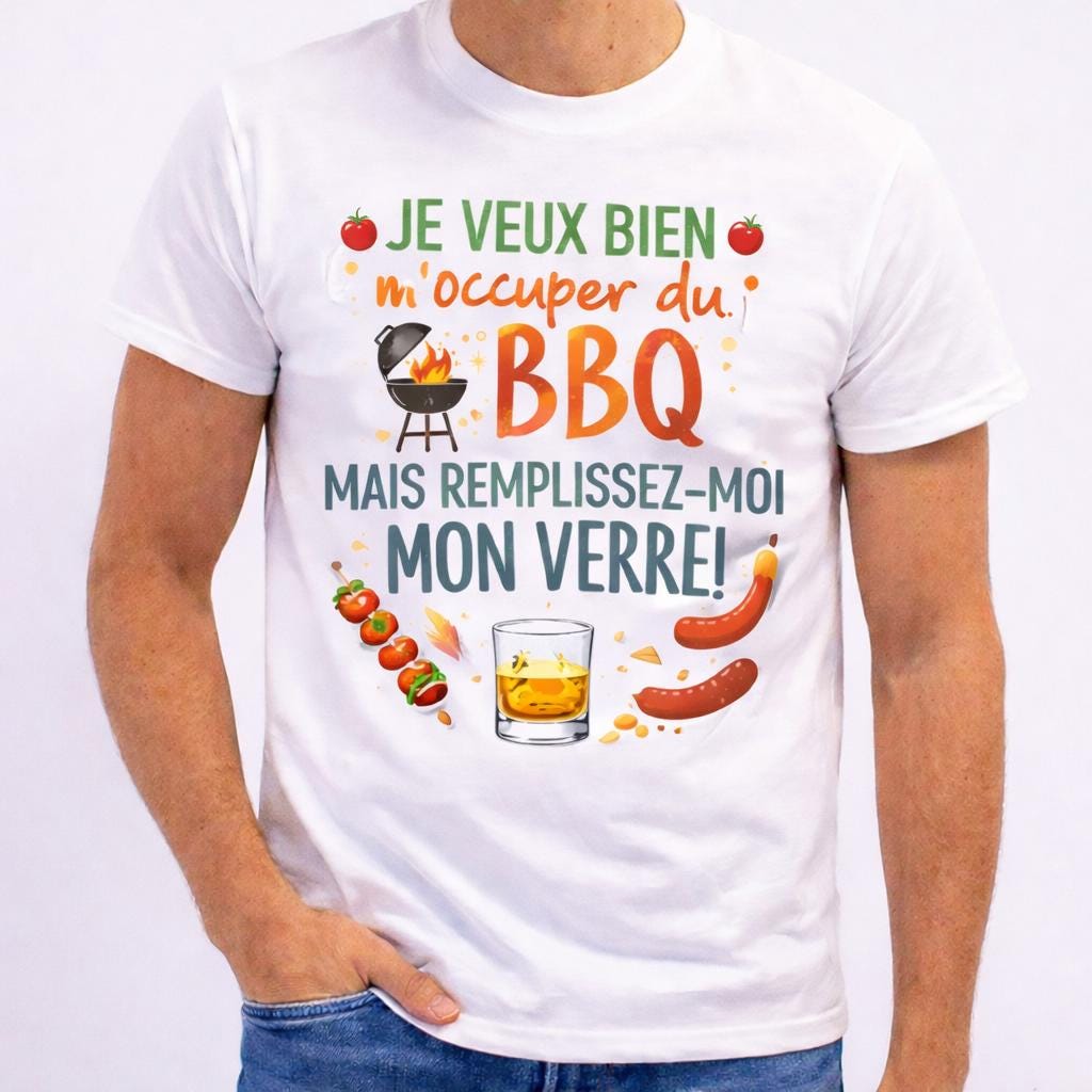 T-shirt humour homme – Barbecue & Apéro – “Je veux bien m’occuper du BBQ mais remplissez-moi mon verre” – Cadeau original fête des pères
