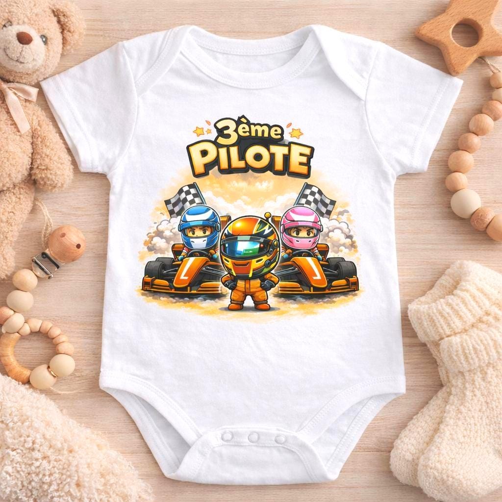 Body bébé “3ème Pilote” – Thème F1 McLaren Annonce grossesse originale – Cadeau futur papa & maman fans de Formule 1