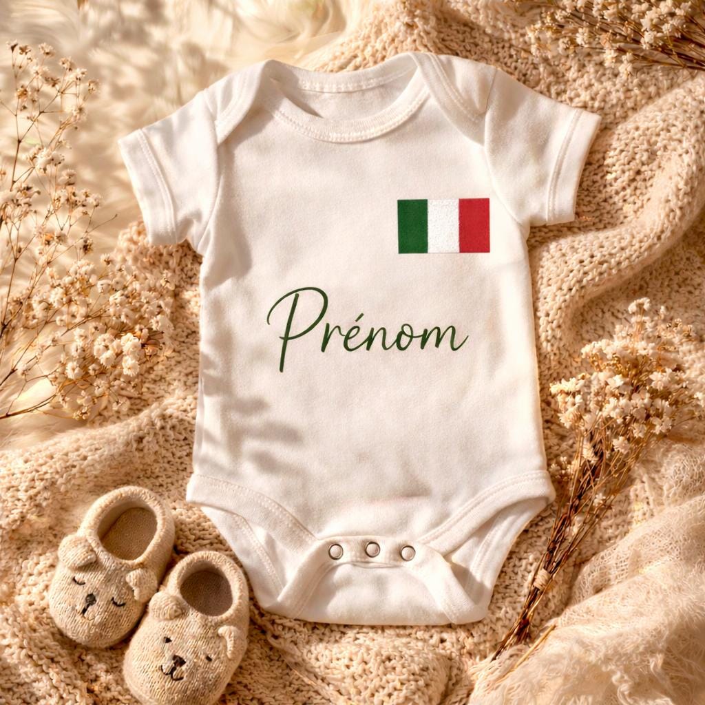 Body bébé personnalisé prénom avec drapeau | Body naissance personnalisé | Cadeau bébé original | Tunisie Algérie Maroc Espagne Portugal