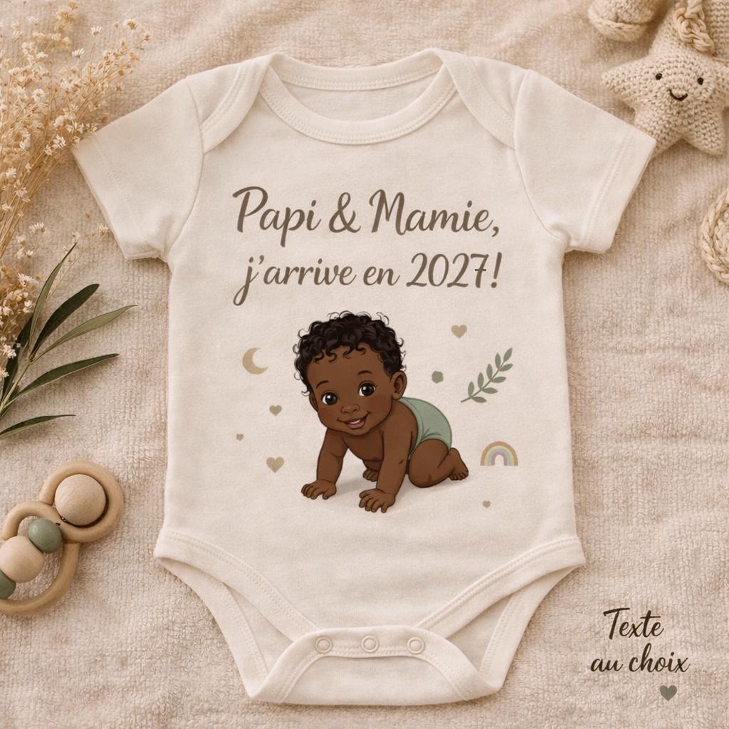 Body annonce grossesse / bébé africain peau noire / body pour papi et mamie / body personnalisé futur grands parents / j'arrive en 2027