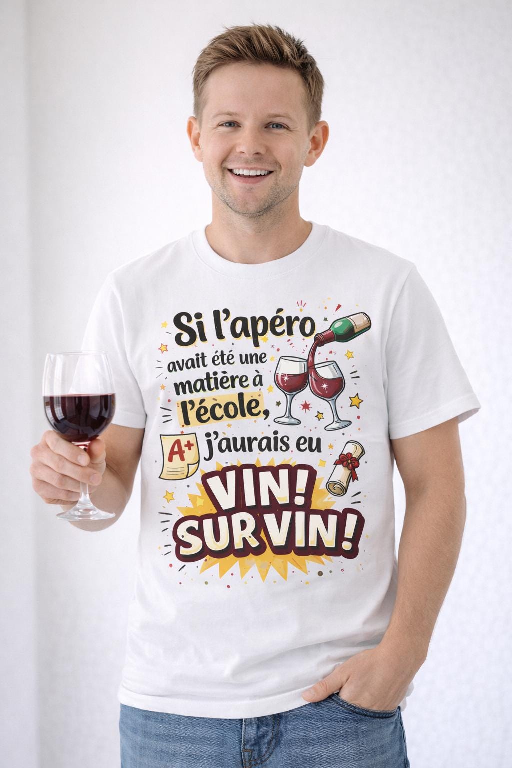 T-shirt humour apéro – Si l’apéro avait été une matière à l’école, j’aurais eu vin sur vin – Tee shirt vin drôle – Cadeau homme humour