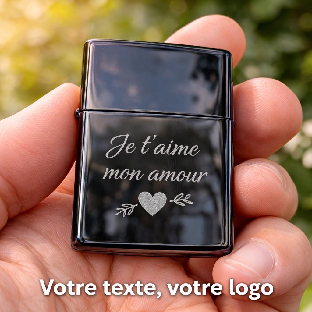Briquet essence noir métal – Gravure personnalisée (logo, nom, message) – Cadeau intemporel & élégant