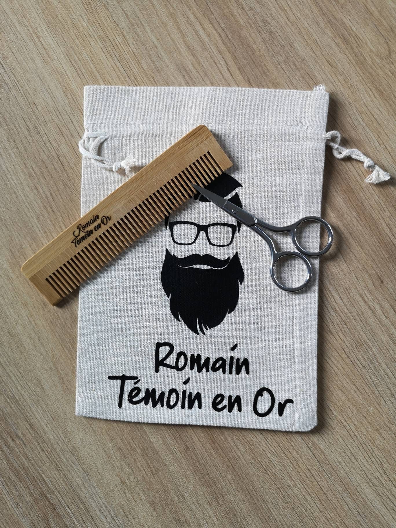 Kit pour la barbe – Peigne personnalisé, ciseaux et pochon personnalisé – cadeau homme, EVG EVJF, Mariage, anniversaire fête des pères