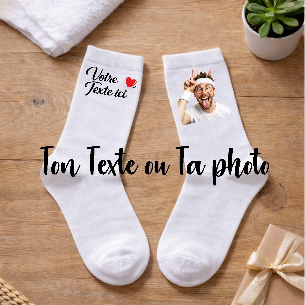 Paire de chaussettes avec texte ou photo personnalisée imprimées à la mode, chaussettes à paillettes, design au choix