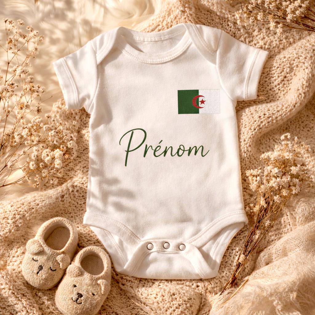 Body bébé personnalisé prénom avec drapeau | Body naissance personnalisé | Cadeau bébé original | Tunisie Algérie Maroc Espagne Portugal